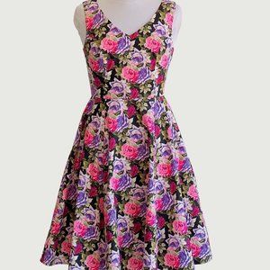 Eva Rose Pink Roses Print Fit And Flare V-Neck Dress With Pockets